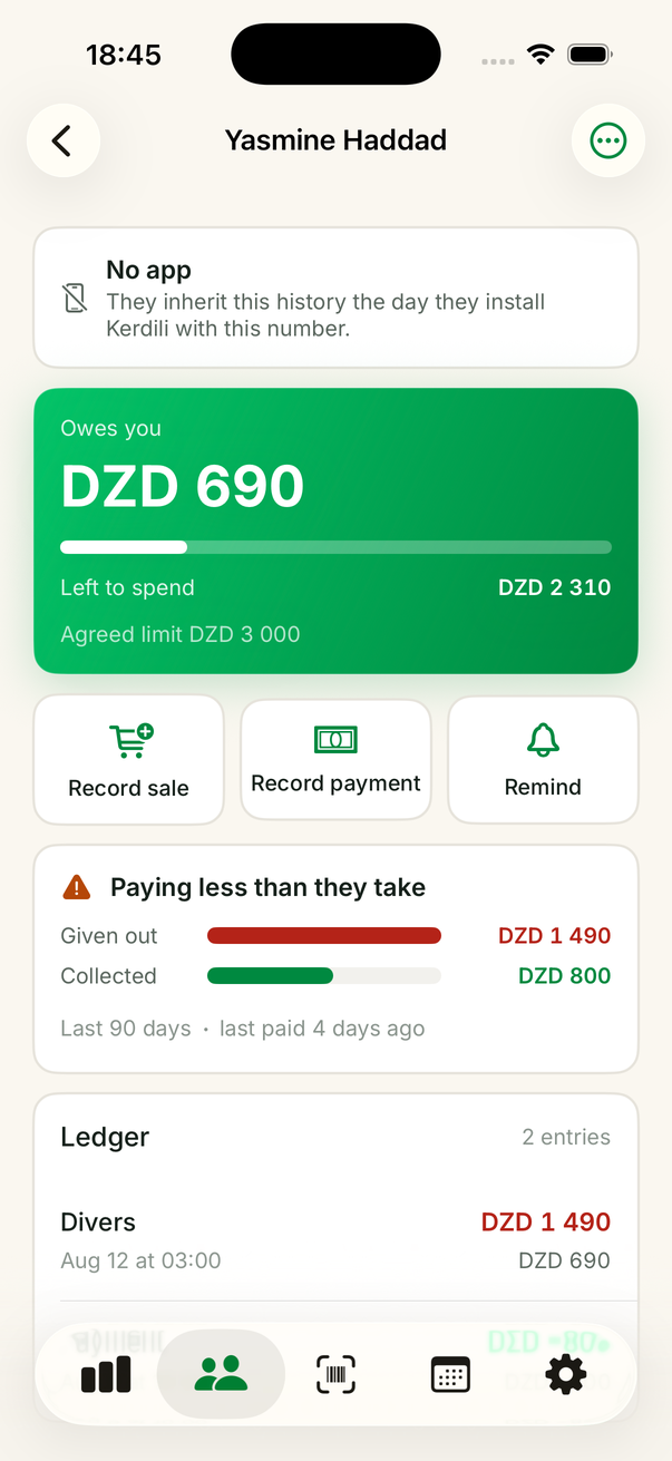A single customer's tab: every line, the running balance, who recorded it